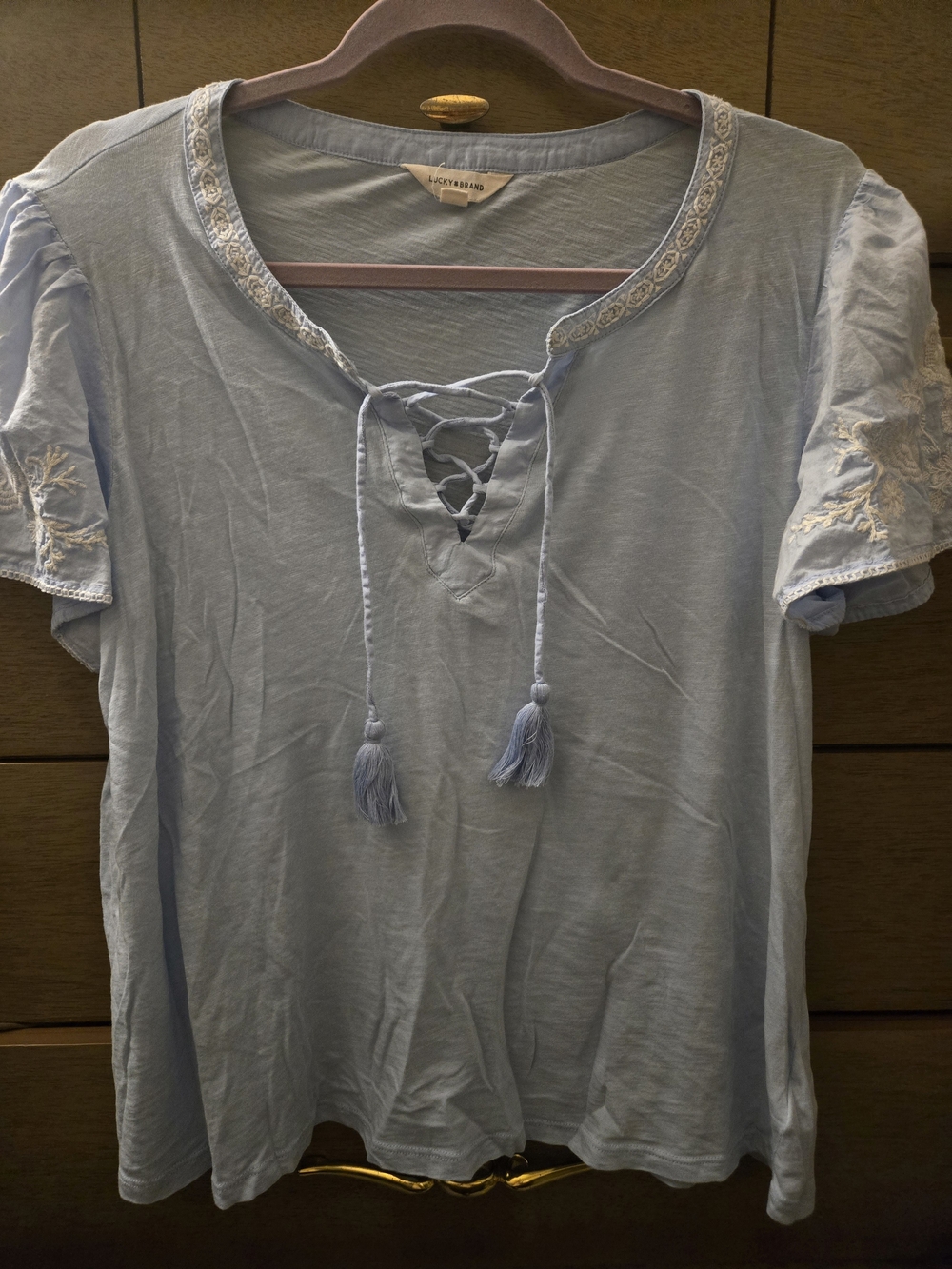 Lucky Brand Pale Blue Lace-Up Tassel Short Sleeve Top